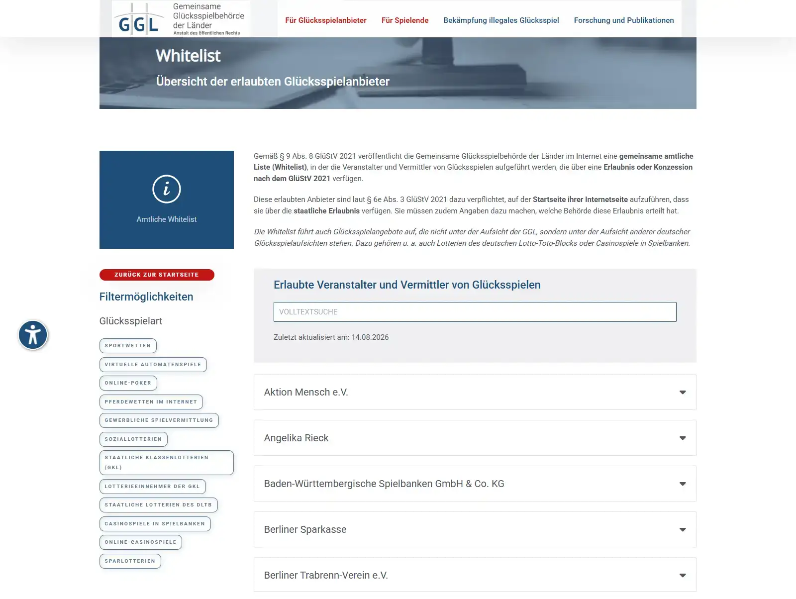 GGL-Whitelist mit Suchfeld und Aktualisierungsdatum