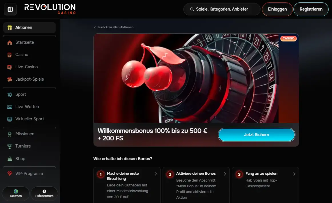 Offizielle Revolution Casino Seite zum Willkommensbonus