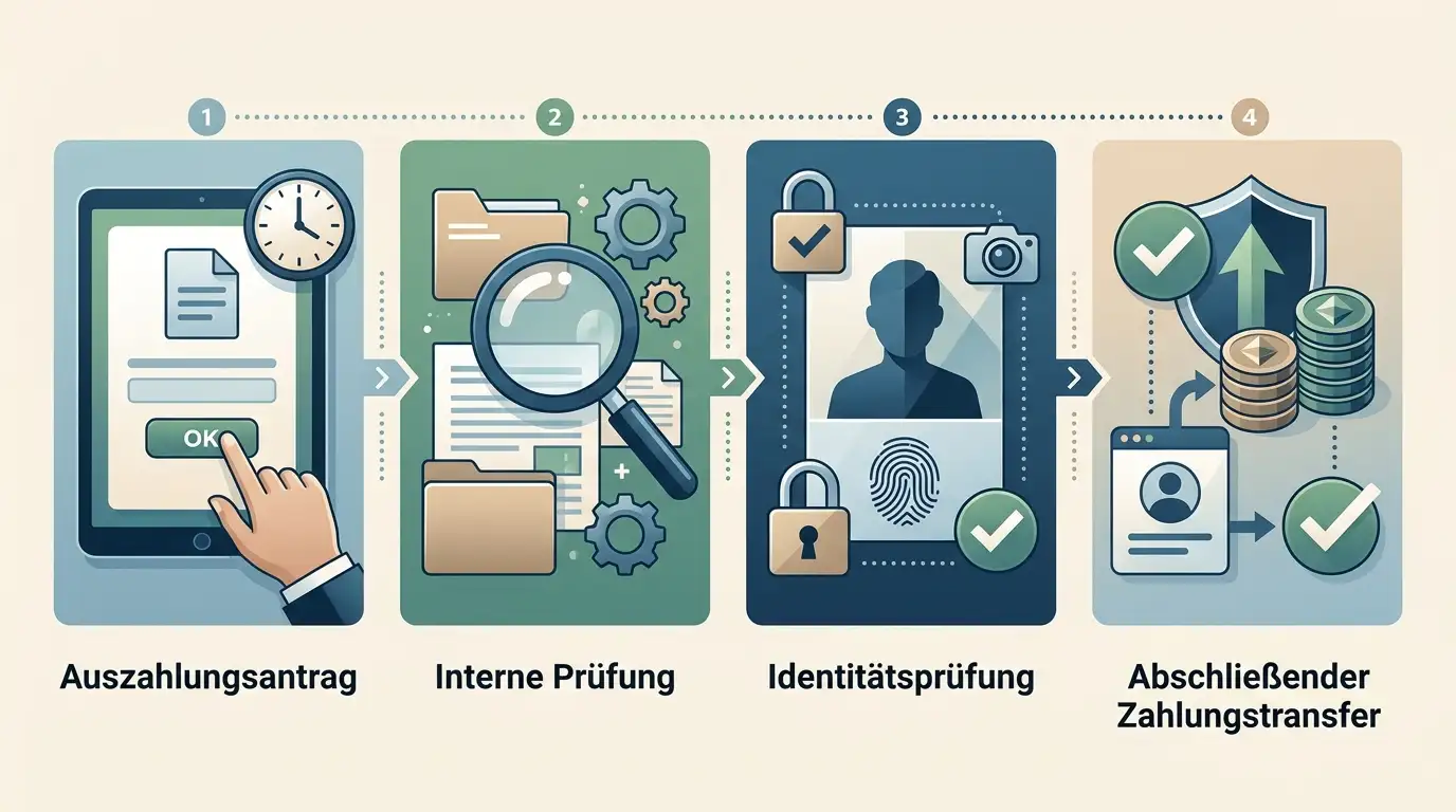 Auszahlungsablauf mit Antrag, Kontoprüfung, Verifizierung und Zahlungsweg