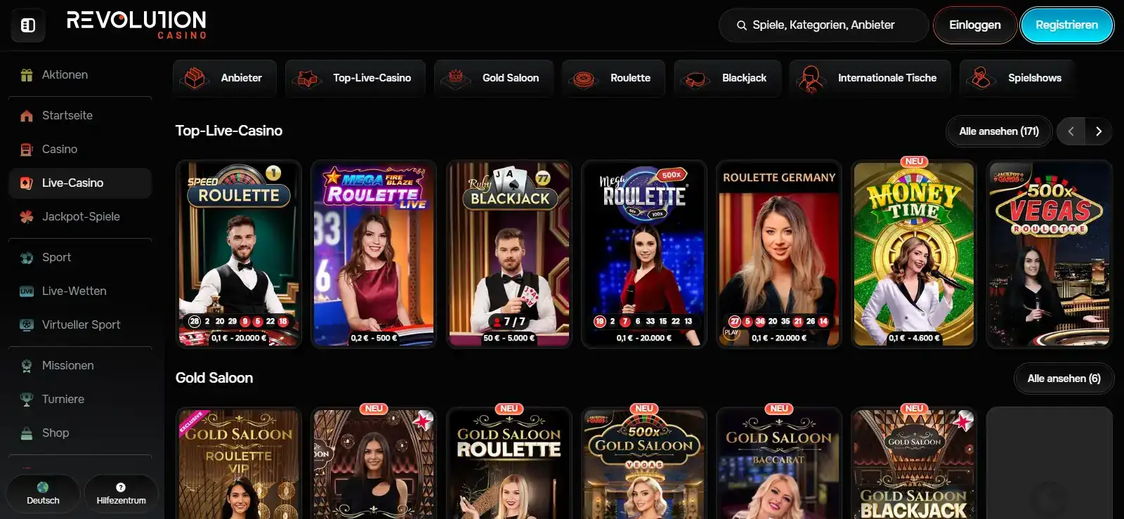 Deutsche Live-Casino-Lobby von Revolution Casino mit Roulette, Blackjack und Spielshows