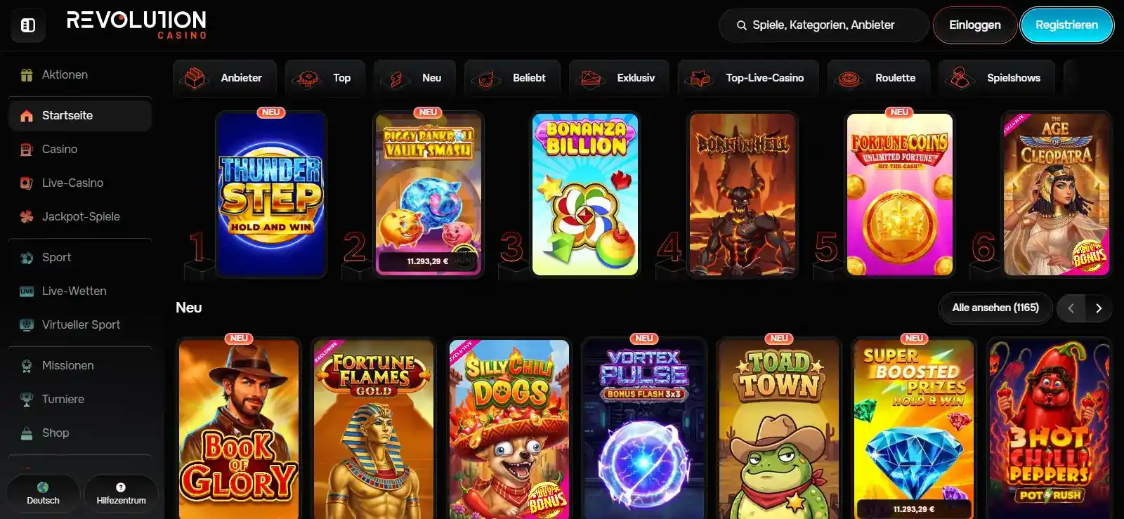 Deutsche Revolution-Casino-Startseite mit Hauptnavigation